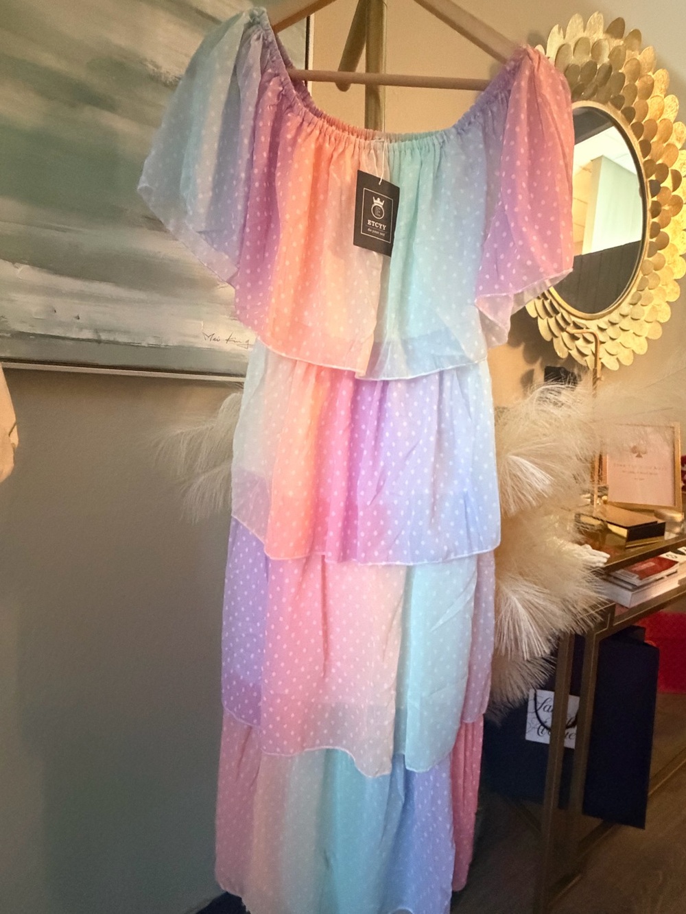 NWT Etccy Pastel Rainbow Tiered Off-Shoulder Maxi Dress 🌈 - Picture 3 of 8